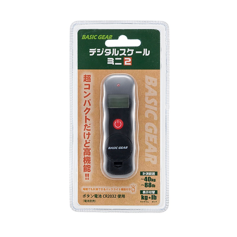 超コンパクトだけど高機能！吊り下げ式で約40kgまで50g（0.05kg）単位で測定することができる超小型スケール。暗闇でも計測できるバックライト機能付き。※数値は参考値ですBASIC GEAR DI