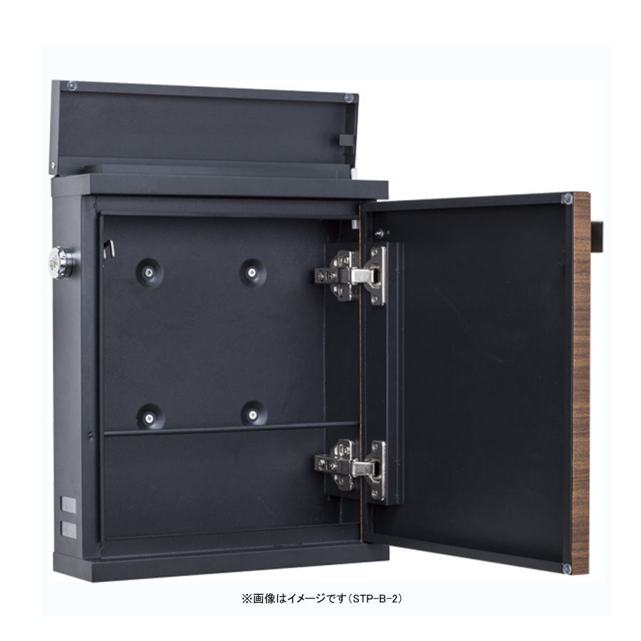 材質：本体/スチール焼付塗装、取っ手/ステンレスヘアライン製品サイズ：W342×H420×D105mm製品重量：5000g投入口：W265×H37mm取付用穴ピッチ：W120×150mm開口時：右開き