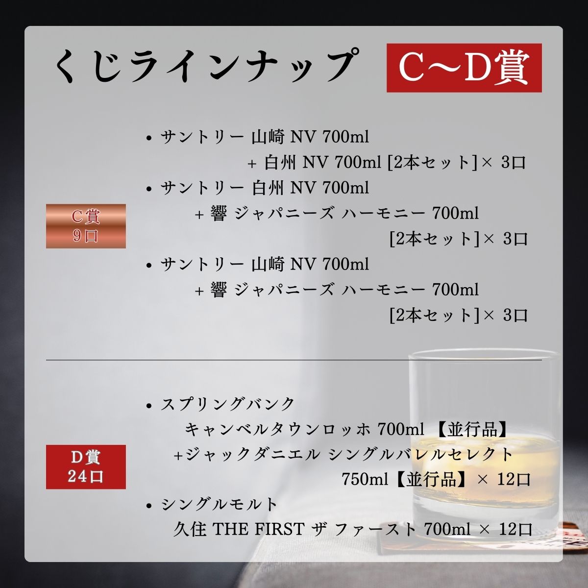 くじラインナップ[C~D賞][C賞9口] ・サントリー 山崎 NV 700ml+ 白州 NV 700ml [2本セット]× 3口　・サントリー 白州 NV 700ml + 響 ジャパニーズ ハーモニー 700ml [2本セット]× 3口　・サントリー 山崎 NV 700ml + 響 ジャパニーズ ハーモニー 700ml [2本セット]× 3口　・[D賞24口]・スプリングバンク　キャンベルタウンロッホ 700ml 【並行品】 +ジャックダニエル シングルバレルセレクト 750ml【並行品】× 12口　・シングルモルト 久住 THE FIRST ザ ファースト 700ml × 12口