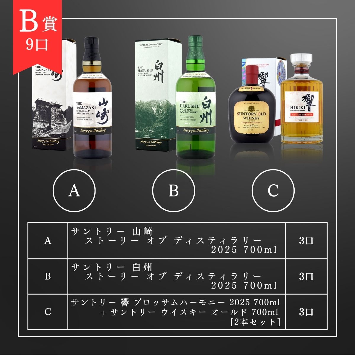 [B賞9口]・サントリー 山崎 ストーリー オブ ディスティラリー 2025 700ml × 3口・サントリー 白州 ストーリー オブ ディスティラリー 2025 700ml × 3口　・サントリー 響 ブロッサムハーモニー 2025 700ml + サントリー ウイスキー オールド 700ml [2本セット] × 3口