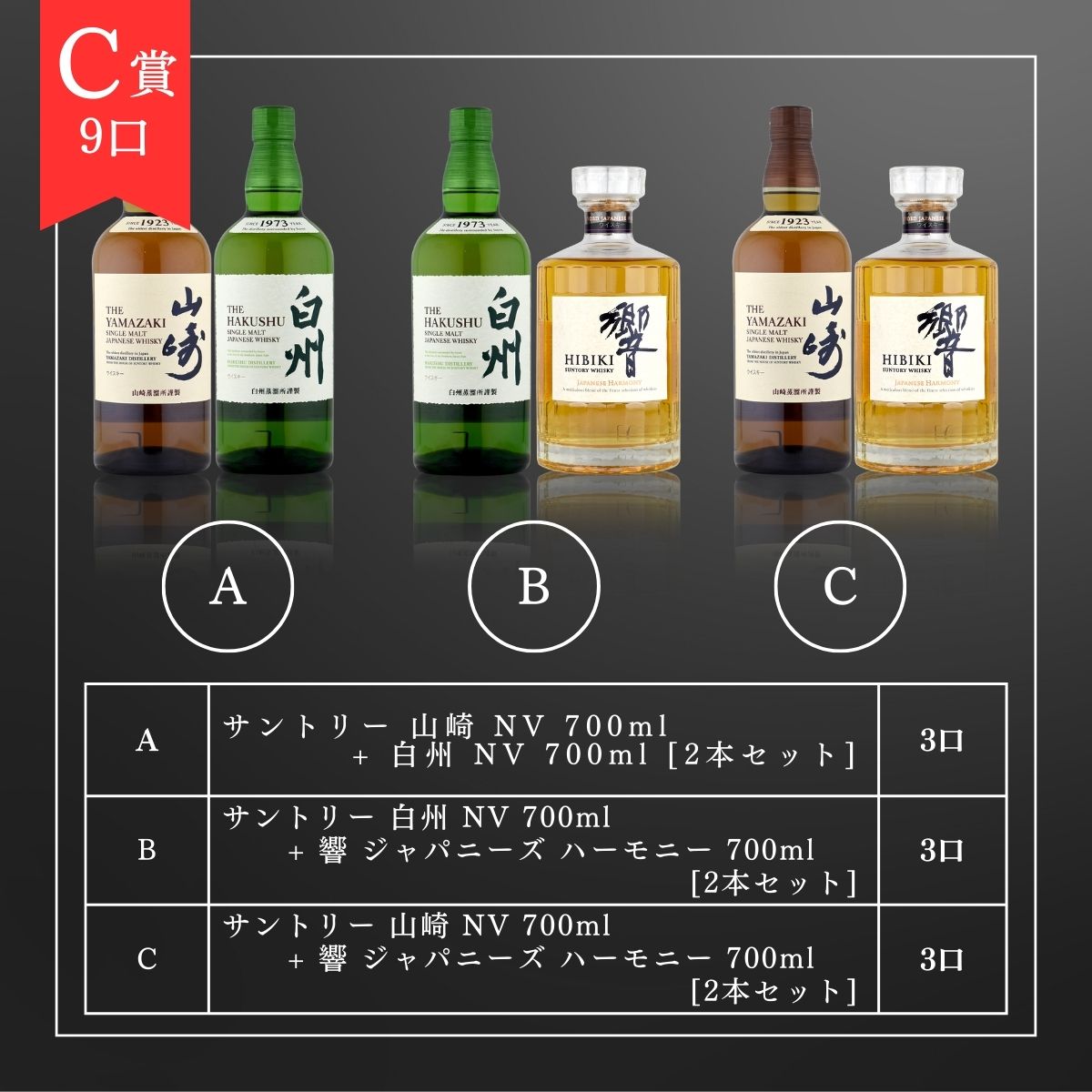 [C賞9口]・サントリー 山崎 NV 700ml+ 白州 NV 700ml [2本セット]× 3口　・サントリー 白州 NV 700ml + 響 ジャパニーズ ハーモニー 700ml [2本セット]× 3口　・サントリー 山崎 NV 700ml + 響 ジャパニーズ ハーモニー 700ml [2本セット]× 3口