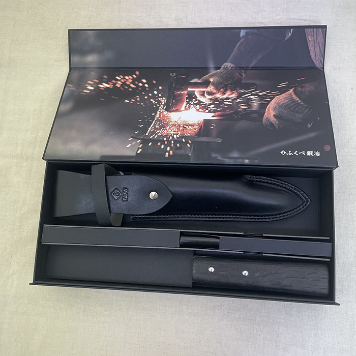 ふくべ鍛冶 タフ 漁師マキリTAFU 135mm 両刃青紙 黒牛革ケース 着火棒