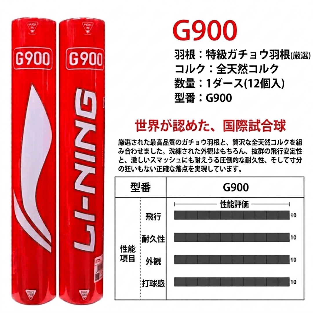 LI-NING G900 シャトルコック BWF国際大会球 バドミントンシャトル
