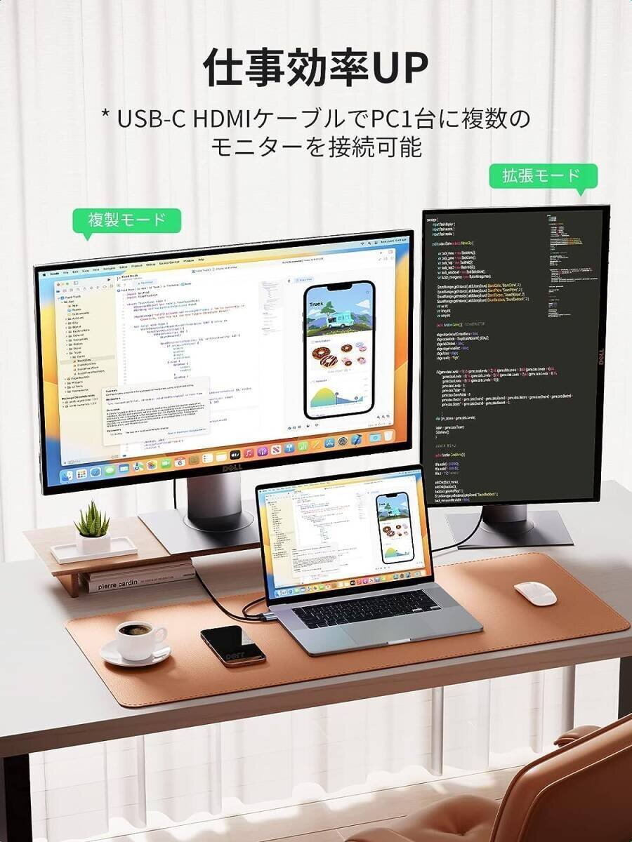 USB Type C HDMI 変換ケーブル 4K@60Hz/2m Thunderbolt 3 ナイロン編み Mac Galaxy Huawei Surface Chromebook 2M