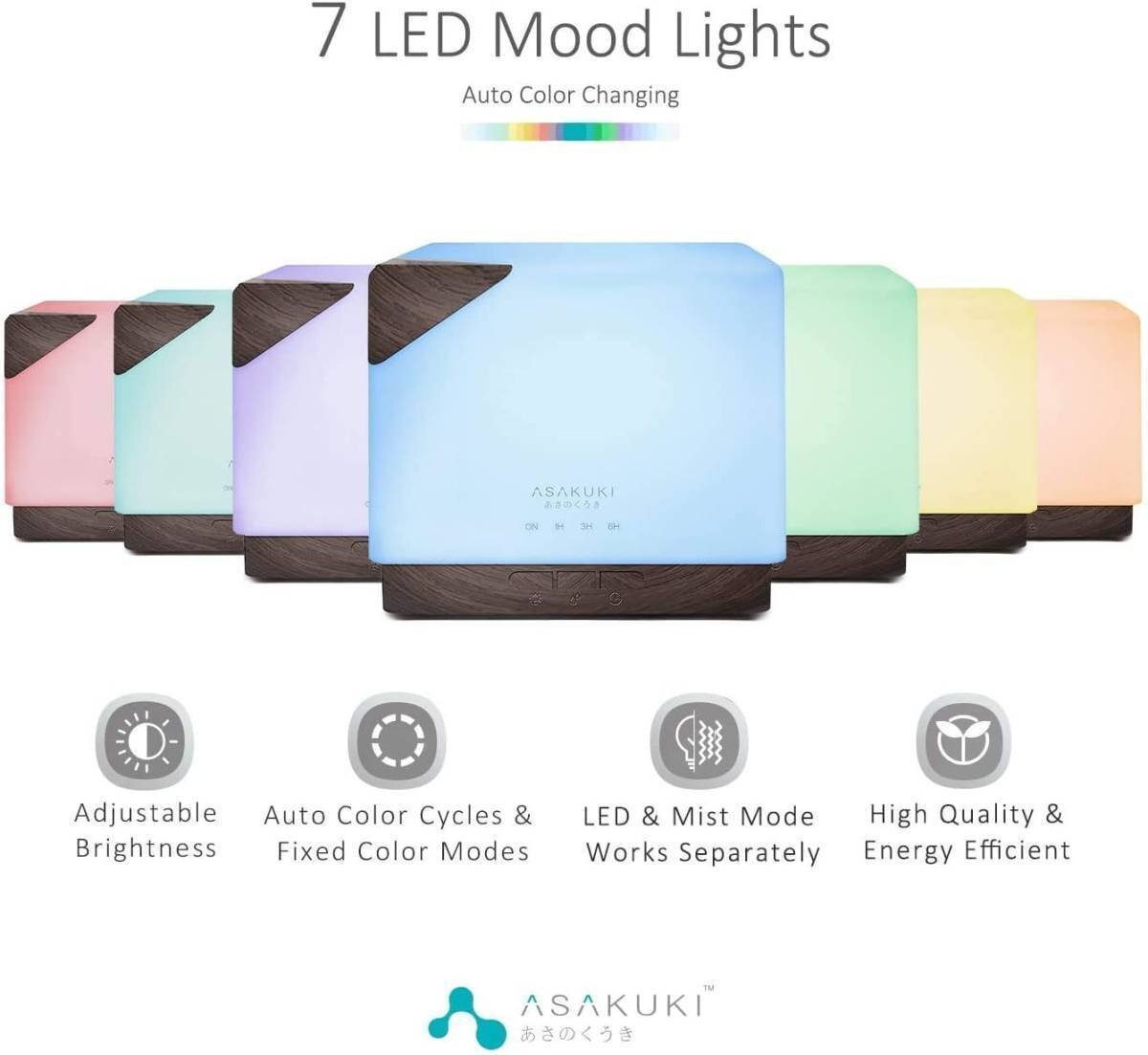 エッセンシャルオイルディフューザー ASAKUKI 700ml 5in1 超音波アロマセラピーフレグラントオイル気化器 加湿器 タイマー