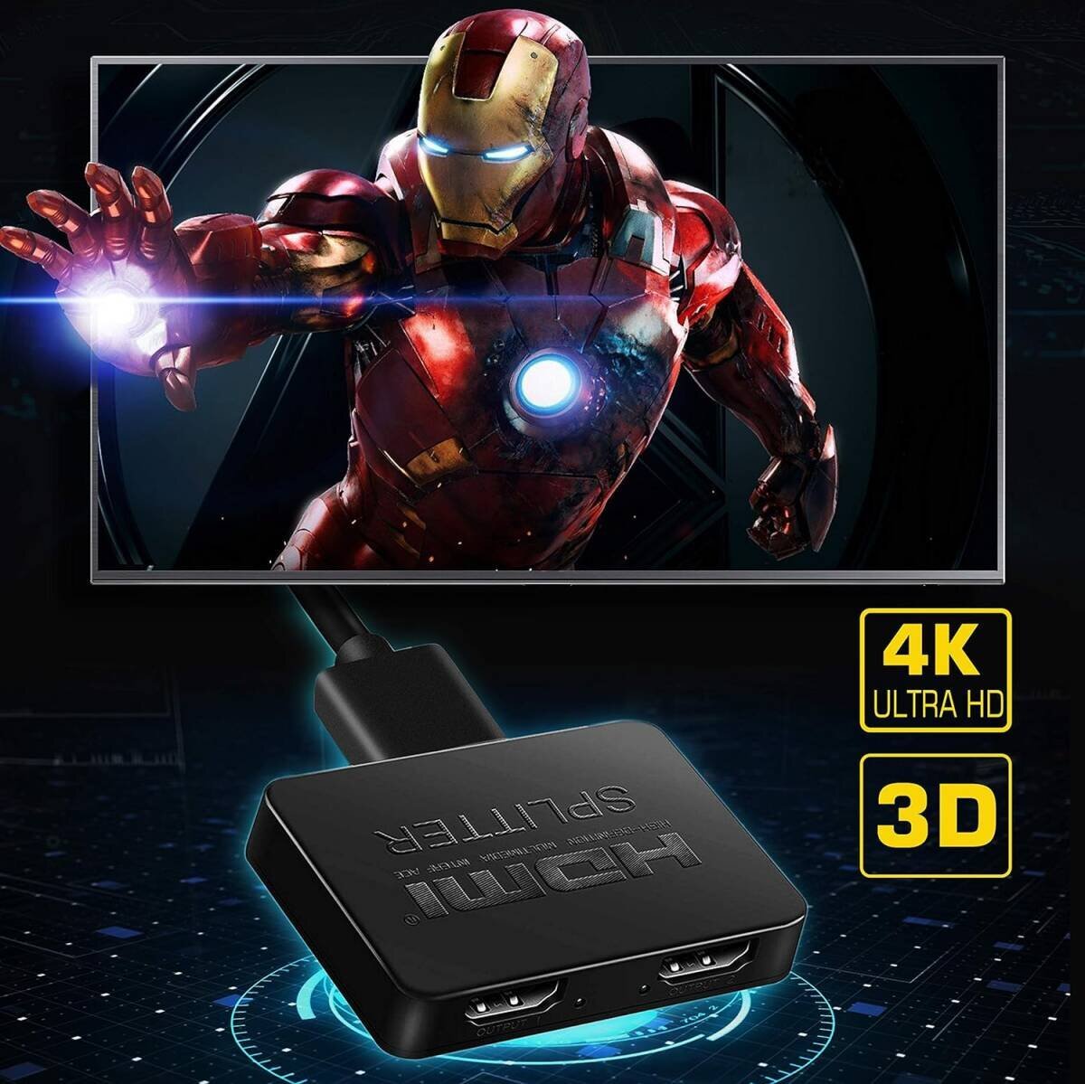 HDMI分配器 4K 1入力2出力 3D フルHD 1080P HDCP1.4対応 二股 同時出力 ケーブル付属 XBOX PS5 HDTV DVDプレーヤー
