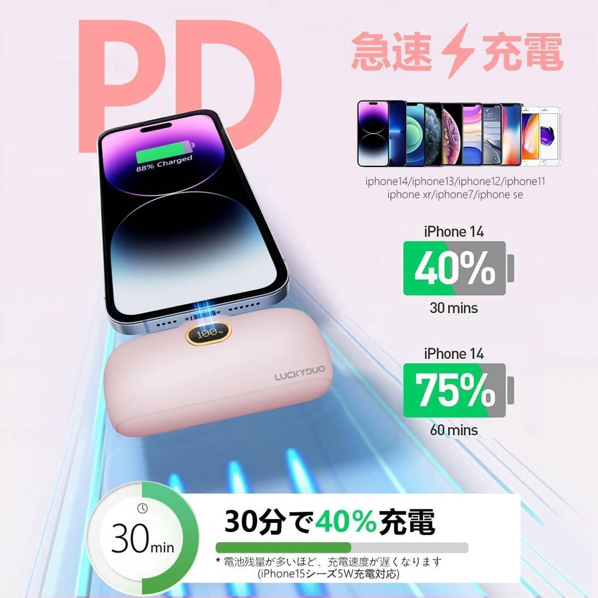 モバイルバッテリー 小型 iPhone 5000mAh コネクター内蔵 コードレス 軽量 直接充電 急速充電 モバイルバッテリー iPhone