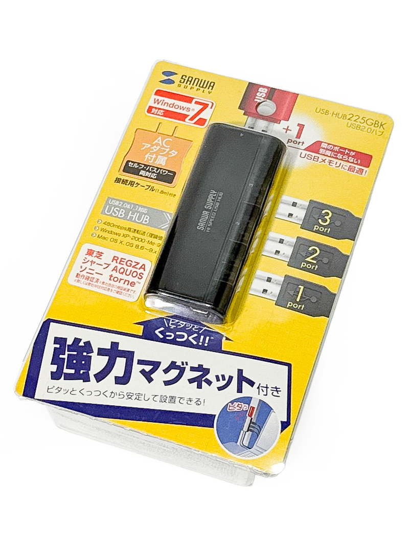 サンワサプライ 磁石/ACアダプター付き 3+1ポート USB2.0ハブ セルフ/バスパワー USB-HUB225GBK 新品