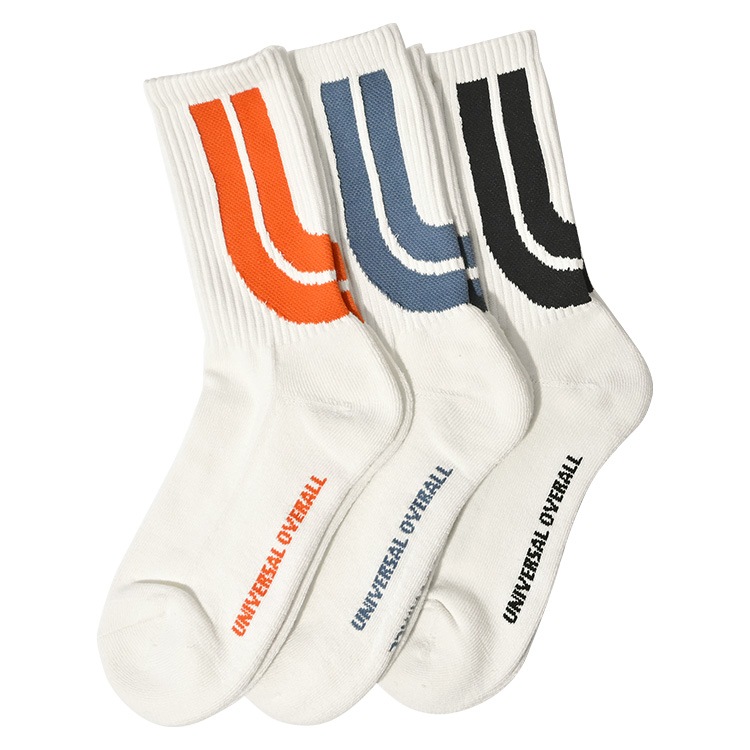 靴下 3足セット UNIVERSAL OVERALL ユニバーサルオーバーオール LU-617 618 343 354 メンズ レディース ブランド クルー丈 スニーカー リブ クルーソックス ロゴ カラフル 23 24 25 26 27cm ブラック ホワイト オレンジ 白 黒 長め 裏パイル地 足首 おしゃれ カジュアル