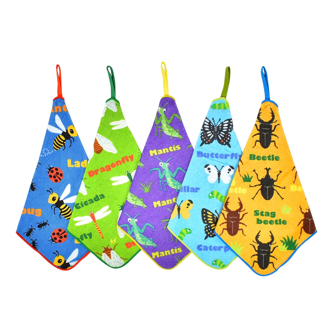 ループタオル 5枚セット 保育園 幼稚園 子供 キッズ 女の子 男の子 フルーツ 昆虫 宇宙 タオル ループ付き 手拭き 口拭きタオル 大きめ 25cm 制菌加工 ネームタグ 綿 パイル地 ハンドタオル ハンカチ おしぼり ピッコリーノ おしゃれ かわいい カラフル 子ども 入園 準備