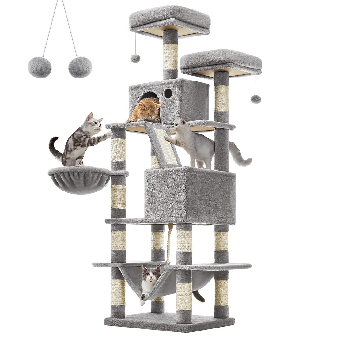 キャットタワー おしゃれ 据え置き 猫タワー 大型猫 スリム ハンモック 多頭飼い 高さ168cm 1.6m 大型 シニア猫 5kgまで 宇宙船 安定 FEANDREA 省スペース かっこいい グレー ベージュ ホワイト 白 転倒防止 キャットハウス 爪とぎ 研ぎ スロープ ベッド 運動不足解消