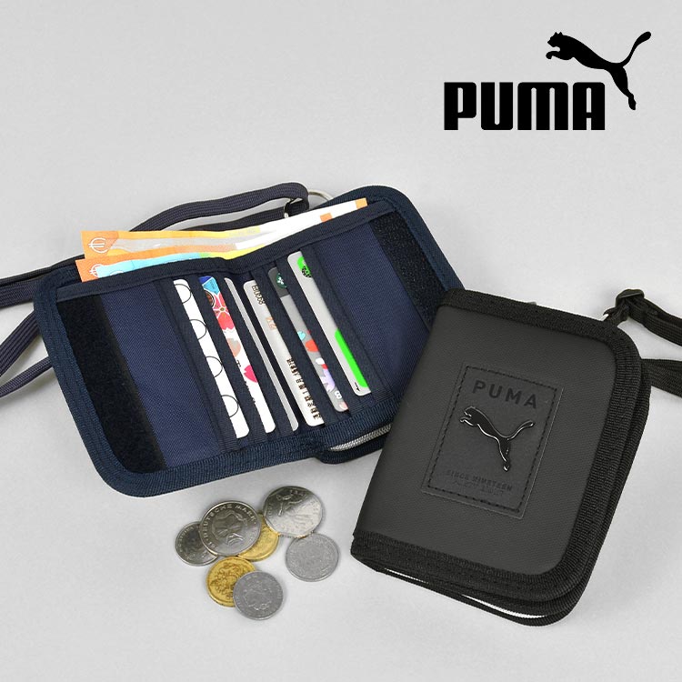 子供 財布 男の子 ストラップ付き キッズ 財布 プーマ PUMA ジュニア こども 男子 小学生 中学生 高校生 通学 二つ折り財布 ファスナー パスケース コインケース 小銭入れ カードケース ネックストラップ 黒 紺 ブラック ネイビー 無地 シンプル フットサル サッカー