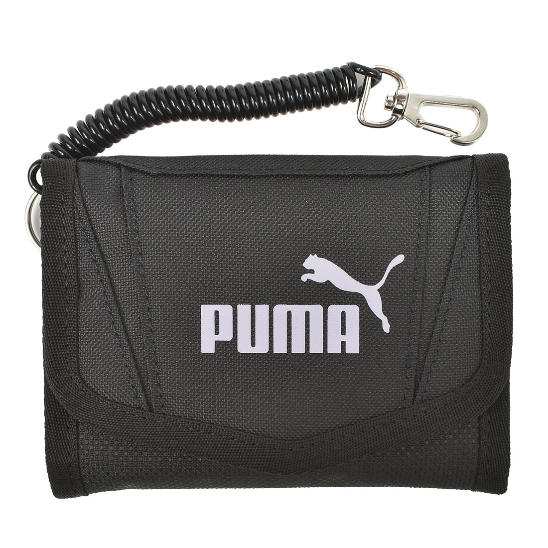 財布 PUMA プーマ ジュニア 男の子 キッズ 小学生 中学生 サイフ 三つ折り カールコード コイルチェーン付き パスケース 定期入れ 面ファスナー 子供 男子 通学 ウォレット サイフ 小銭入れ カードポケット かっこいい シンプル 黒 ブラック ネイビー 紺 入学準備 新学期