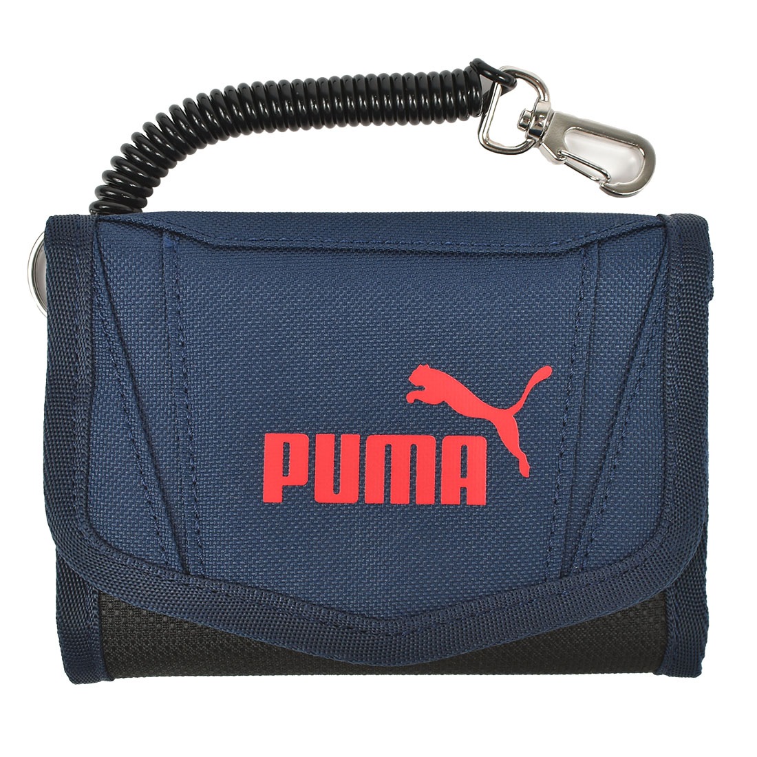 財布 PUMA プーマ ジュニア 男の子 キッズ 小学生 中学生 サイフ 三つ折り カールコード コイルチェーン付き パスケース 定期入れ 面ファスナー 子供 男子 通学 ウォレット サイフ 小銭入れ カードポケット かっこいい シンプル 黒 ブラック ネイビー 紺 入学準備 新学期