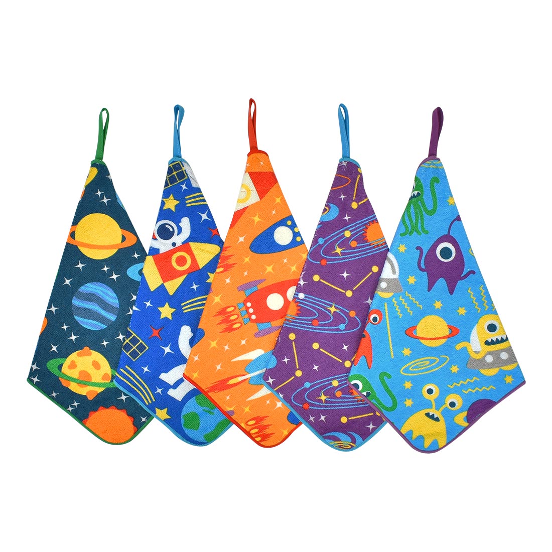 ループタオル 5枚セット 保育園 幼稚園 子供 キッズ 女の子 男の子 フルーツ 昆虫 宇宙 タオル ループ付き 手拭き 口拭きタオル 大きめ 25cm 制菌加工 ネームタグ 綿 パイル地 ハンドタオル ハンカチ おしぼり ピッコリーノ おしゃれ かわいい カラフル 子ども 入園 準備