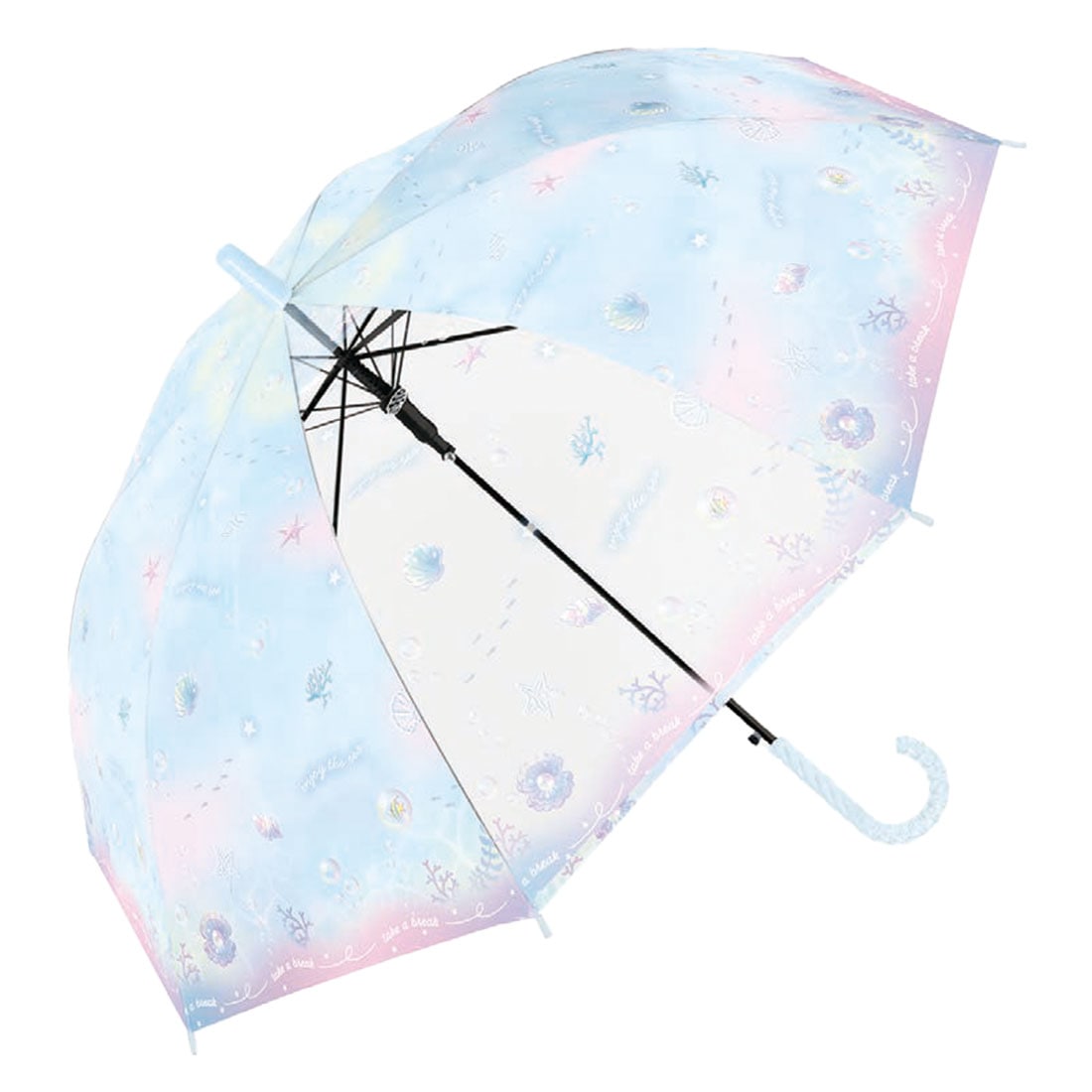 傘 雨傘 小学生 子供用 長傘 女の子 キッズ 55cm センチ かわいい 可愛い おしゃれ 海 マリン 貝殻 ゆめかわいい ジャンプ傘 窓付き 透明窓 グラスファイバー 耐風 丈夫 軽い 軽量 持ち手 ラメ 子ども 女子 小学校 幼稚園 保育園 通園 通学 梅雨 パープル 水色 ファンシー