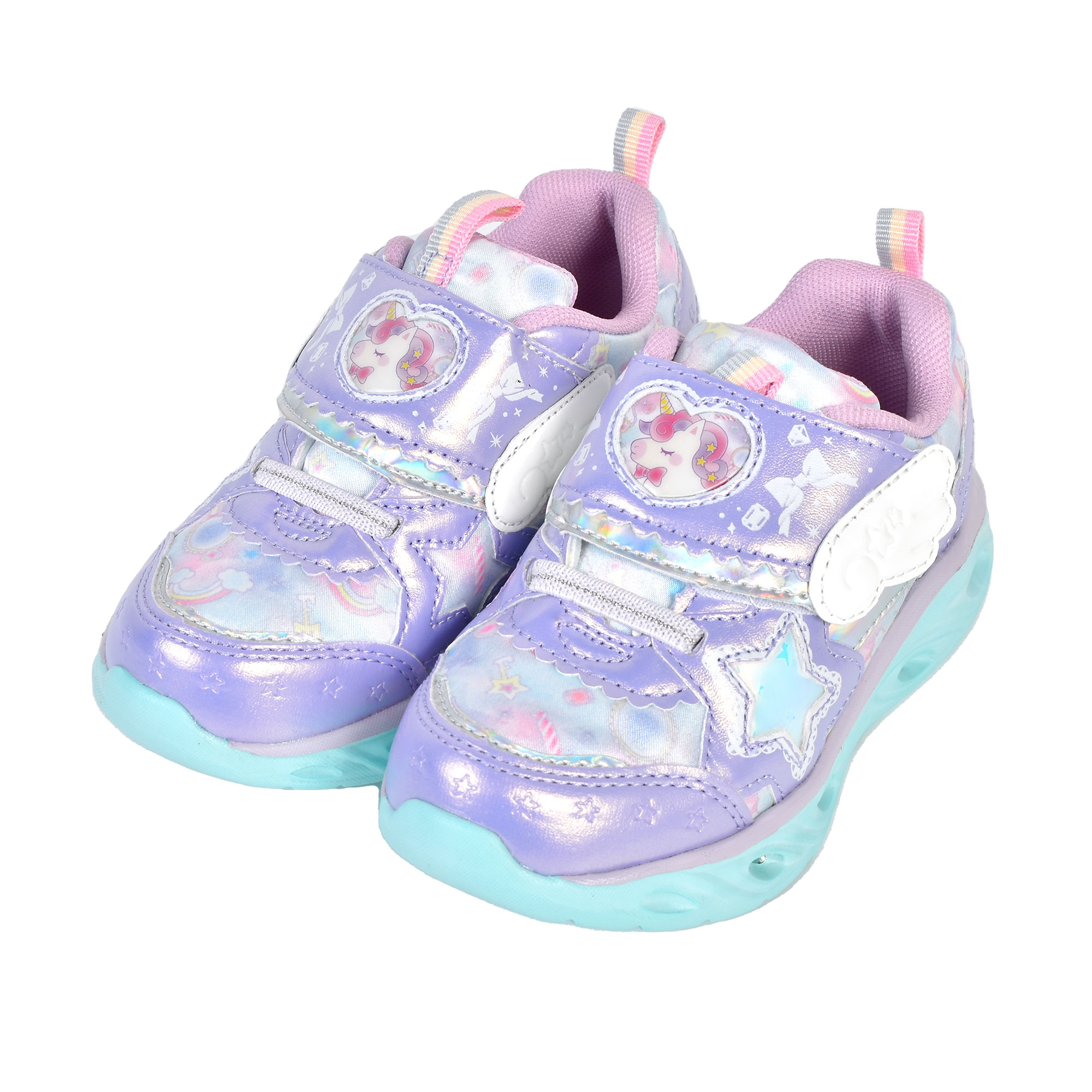 光る靴 女の子 スニーカー Double Star ダブルスター キッズ 子ども シューズ 16 17 18 cm 3歳 4歳 5歳 6歳 軽量 可愛い おしゃれ キラキラ ピカピカ 光る 柔らかい 軽い 子供靴 運動靴 ユニコーン ホワイト パープル オーロラ レインボー 幼稚園 保育園 孫 娘 プレゼント