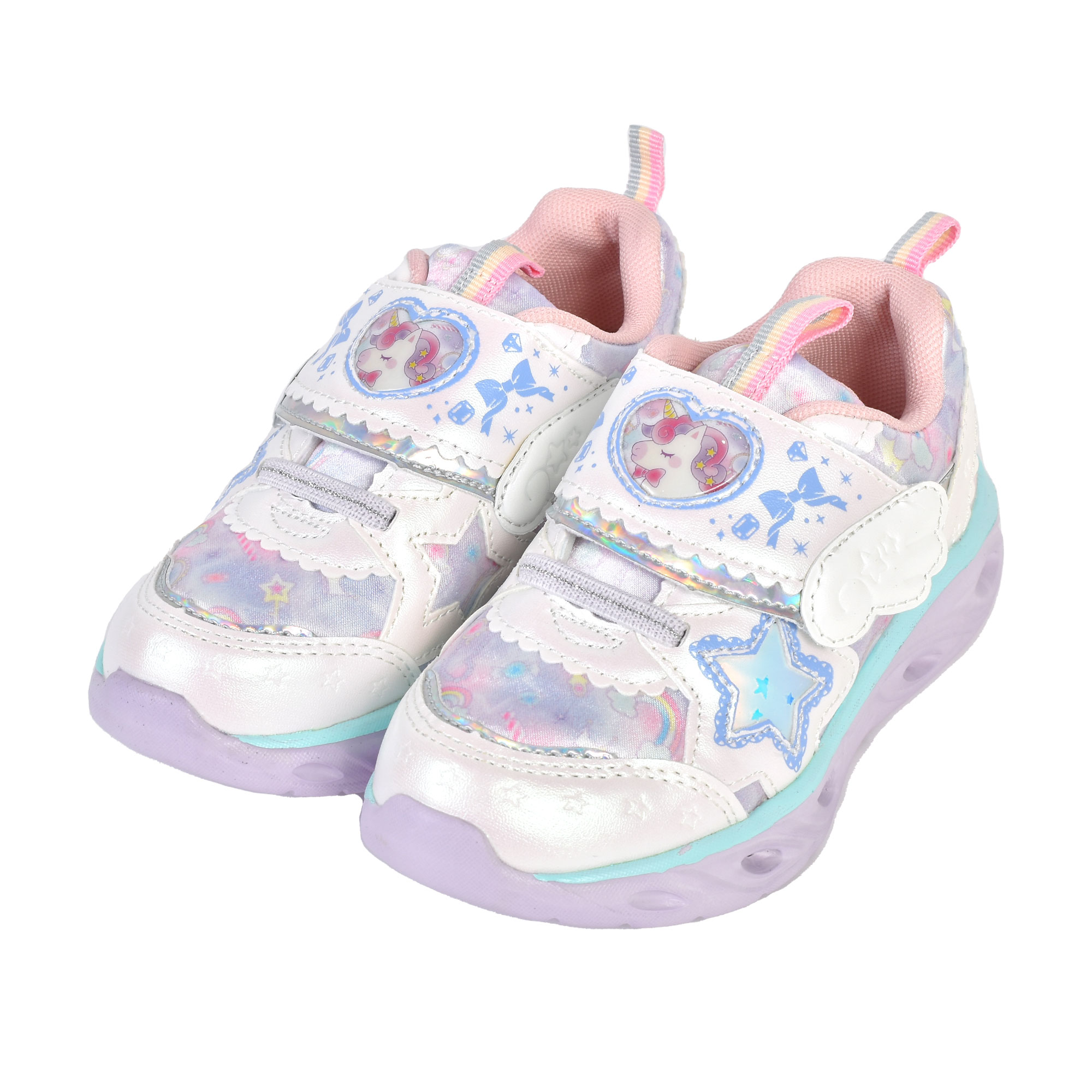 光る靴 女の子 スニーカー Double Star ダブルスター キッズ 子ども シューズ 16 17 18 cm 3歳 4歳 5歳 6歳 軽量 可愛い おしゃれ キラキラ ピカピカ 光る 柔らかい 軽い 子供靴 運動靴 ユニコーン ホワイト パープル オーロラ レインボー 幼稚園 保育園 孫 娘 プレゼント