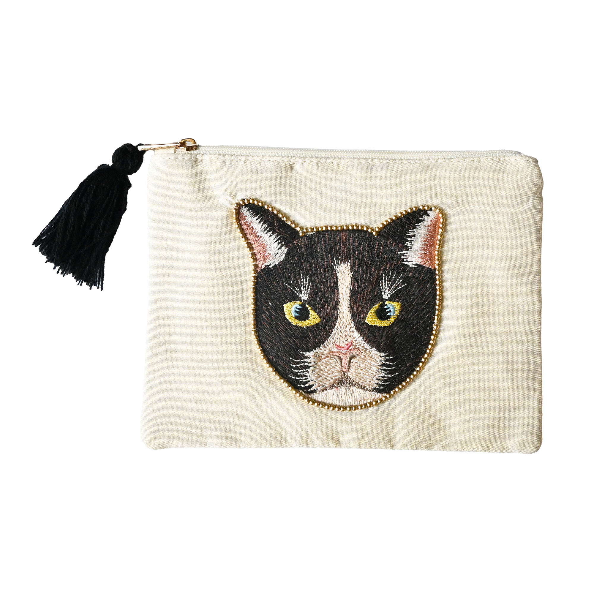 ポーチ 小物入れ 猫 ネコ フラットポーチ アニマル レオパード 刺繍 フェイス かわいい おしゃれ 薄型 メイクポーチ 化粧ポーチ コスメポーチ ミニ 誕生日 プレゼント ギフト クリスマス 動物 整理整頓 個性的 ホワイト ブラック ベージュ 白 黒猫 トラ猫 ヒョウ ビーズ刺繍