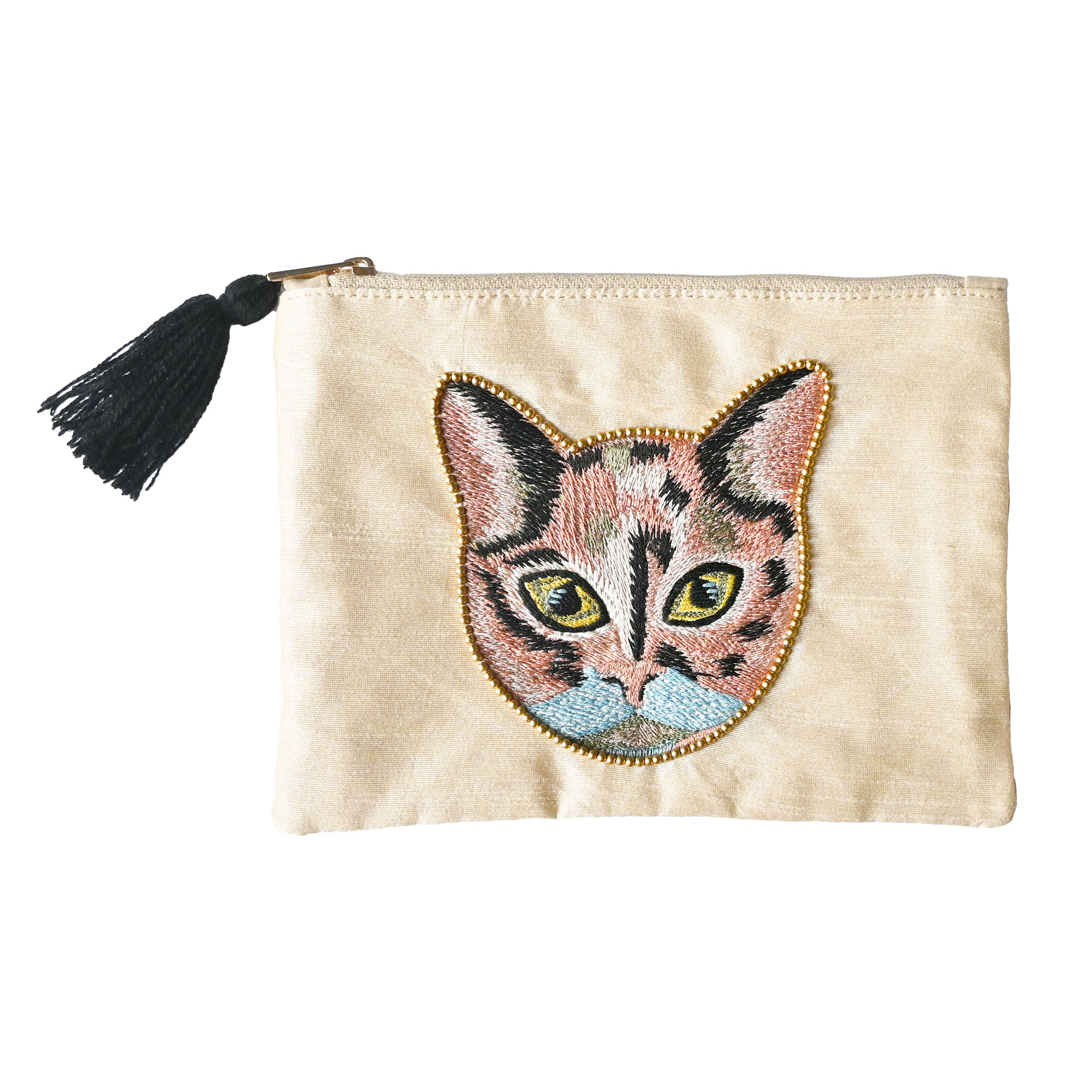 ポーチ 小物入れ 猫 ネコ フラットポーチ アニマル レオパード 刺繍 フェイス かわいい おしゃれ 薄型 メイクポーチ 化粧ポーチ コスメポーチ ミニ 誕生日 プレゼント ギフト クリスマス 動物 整理整頓 個性的 ホワイト ブラック ベージュ 白 黒猫 トラ猫 ヒョウ ビーズ刺繍