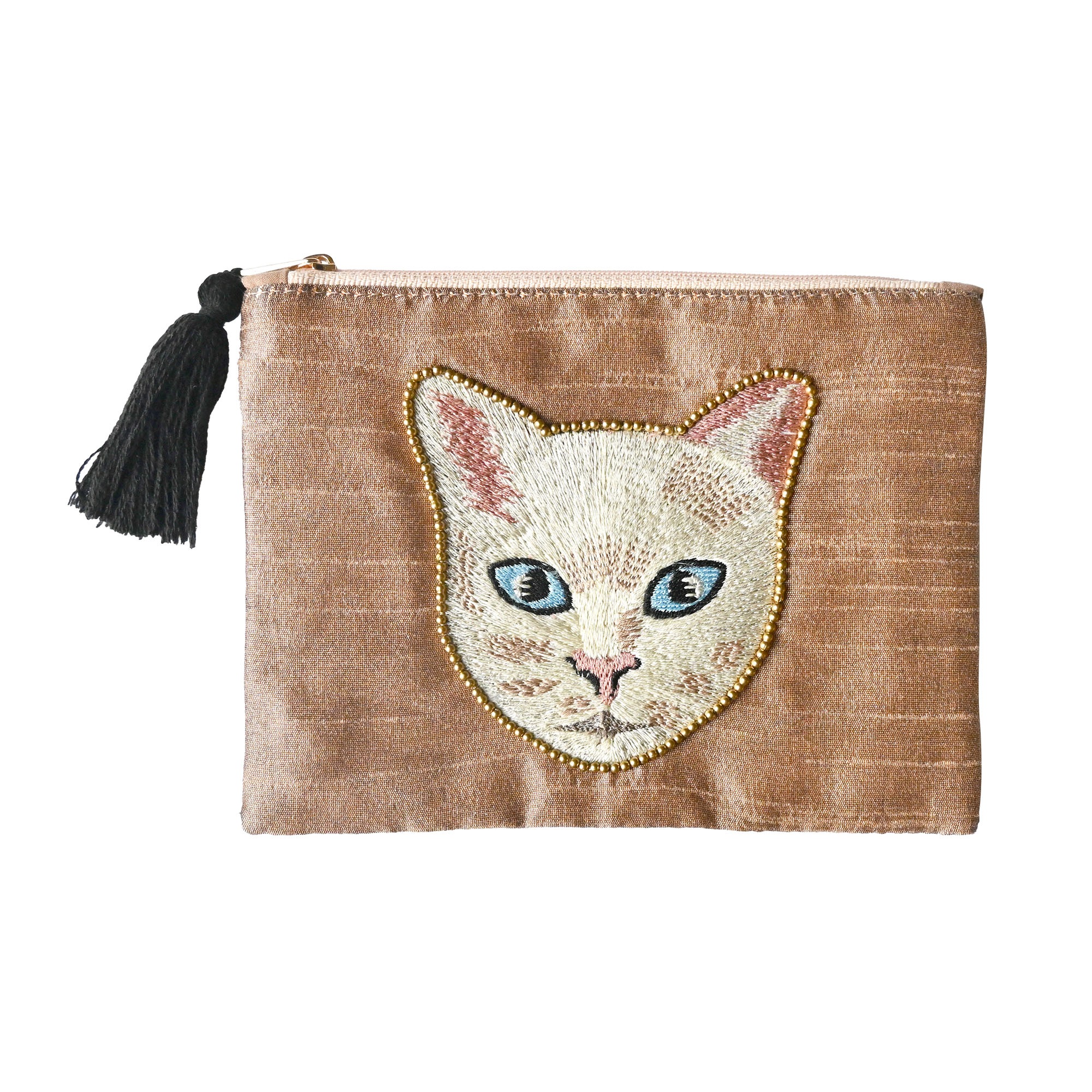 ポーチ 小物入れ 猫 ネコ フラットポーチ アニマル レオパード 刺繍 フェイス かわいい おしゃれ 薄型 メイクポーチ 化粧ポーチ コスメポーチ ミニ 誕生日 プレゼント ギフト クリスマス 動物 整理整頓 個性的 ホワイト ブラック ベージュ 白 黒猫 トラ猫 ヒョウ ビーズ刺繍