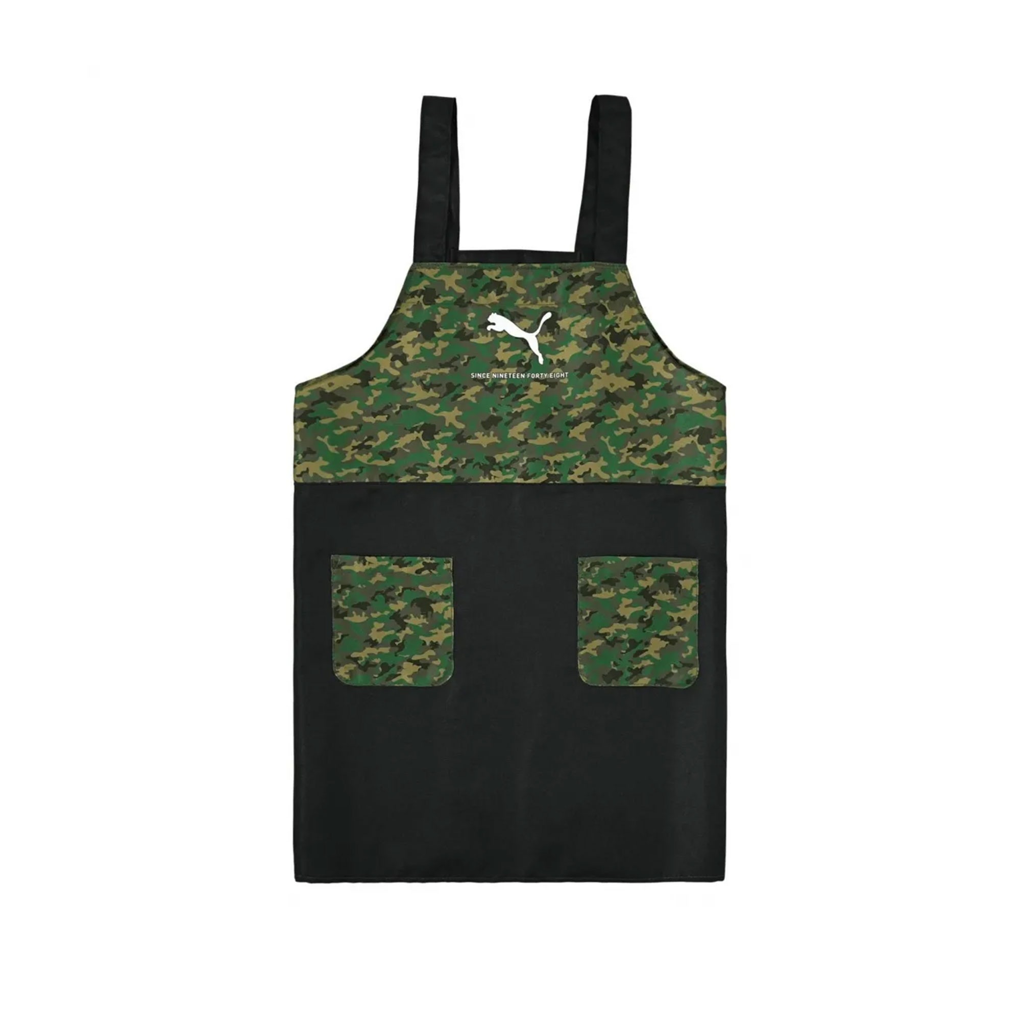 エプロン キッズ PUMA プーマ 男の子 小学生 子供 かぶるだけ 130 140 150 160 cm ポケット たくさん ポリエステル100% 洗える シンプル スポーツ ブランド 入学 準備 小学校 中学校 中学生 ジュニア 家庭科 調理実習 給食 黒 ブラック 赤 レッド 青 ブルー カーキ 迷彩 緑