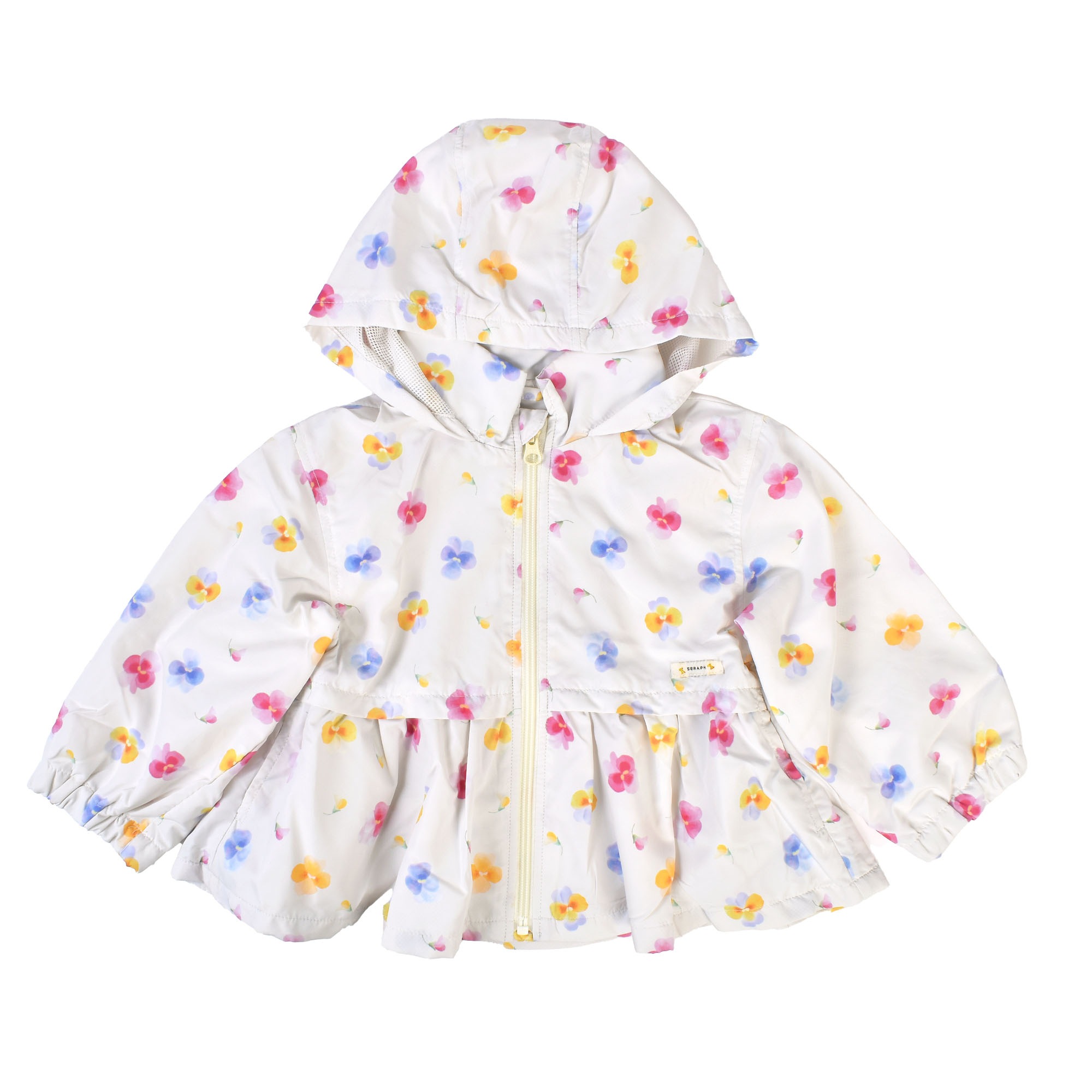 ウィンドブレーカー キッズ 女の子 100cm 120cm SERAPH セラフ 撥水 フード 収納 裏メッシュ 薄手 春 秋 防寒 防風 軽量 軽い 子供 かわいい おしゃれ ペプラム フリル アウター 上着 羽織り ブルゾン FO エフオー 花柄 パンジー ドット リボン クリーム ネイビー ラベンダー