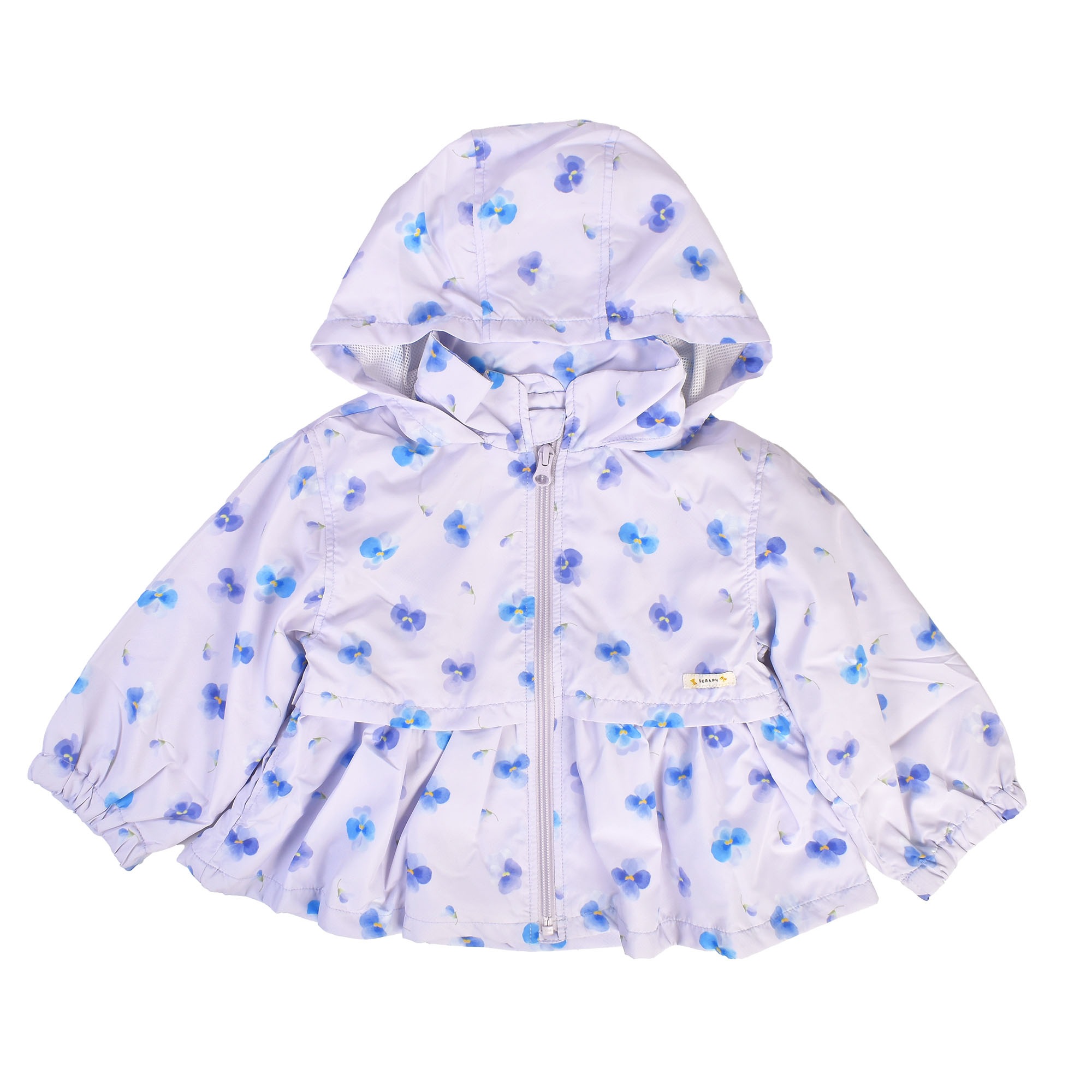 ウィンドブレーカー キッズ 女の子 100cm 120cm SERAPH セラフ 撥水 フード 収納 裏メッシュ 薄手 春 秋 防寒 防風 軽量 軽い 子供 かわいい おしゃれ ペプラム フリル アウター 上着 羽織り ブルゾン FO エフオー 花柄 パンジー ドット リボン クリーム ネイビー ラベンダー