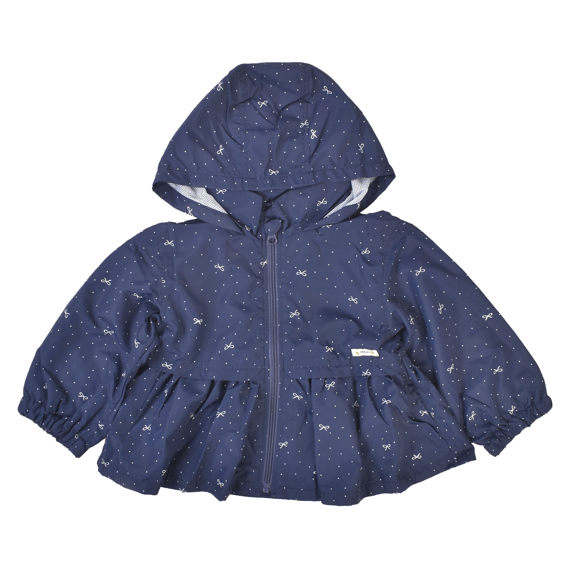 ウィンドブレーカー キッズ 女の子 100cm 120cm SERAPH セラフ 撥水 フード 収納 裏メッシュ 薄手 春 秋 防寒 防風 軽量 軽い 子供 かわいい おしゃれ ペプラム フリル アウター 上着 羽織り ブルゾン FO エフオー 花柄 パンジー ドット リボン クリーム ネイビー ラベンダー